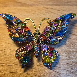 Multicolor Rhinestone Butterfly Brooch – Gold Tone Statement Pin
